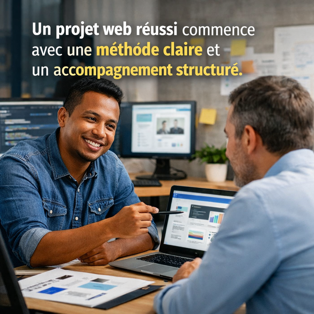 Chef de projet web accompagnant un client dans un bureau de développement web à Madagascar