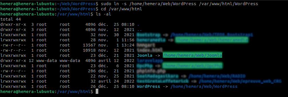 Liaison symbolique WordPress dans /var/www/html