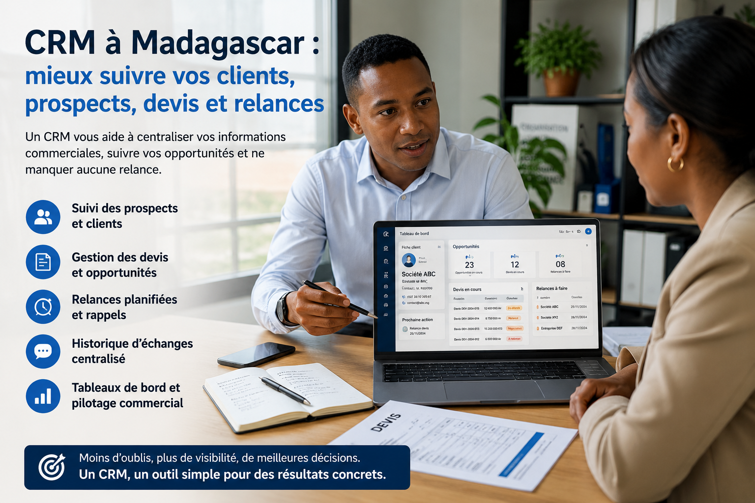 Commercial malgache utilisant un CRM pour suivre clients, prospects, devis, relances et opportunités commerciales à Madagascar