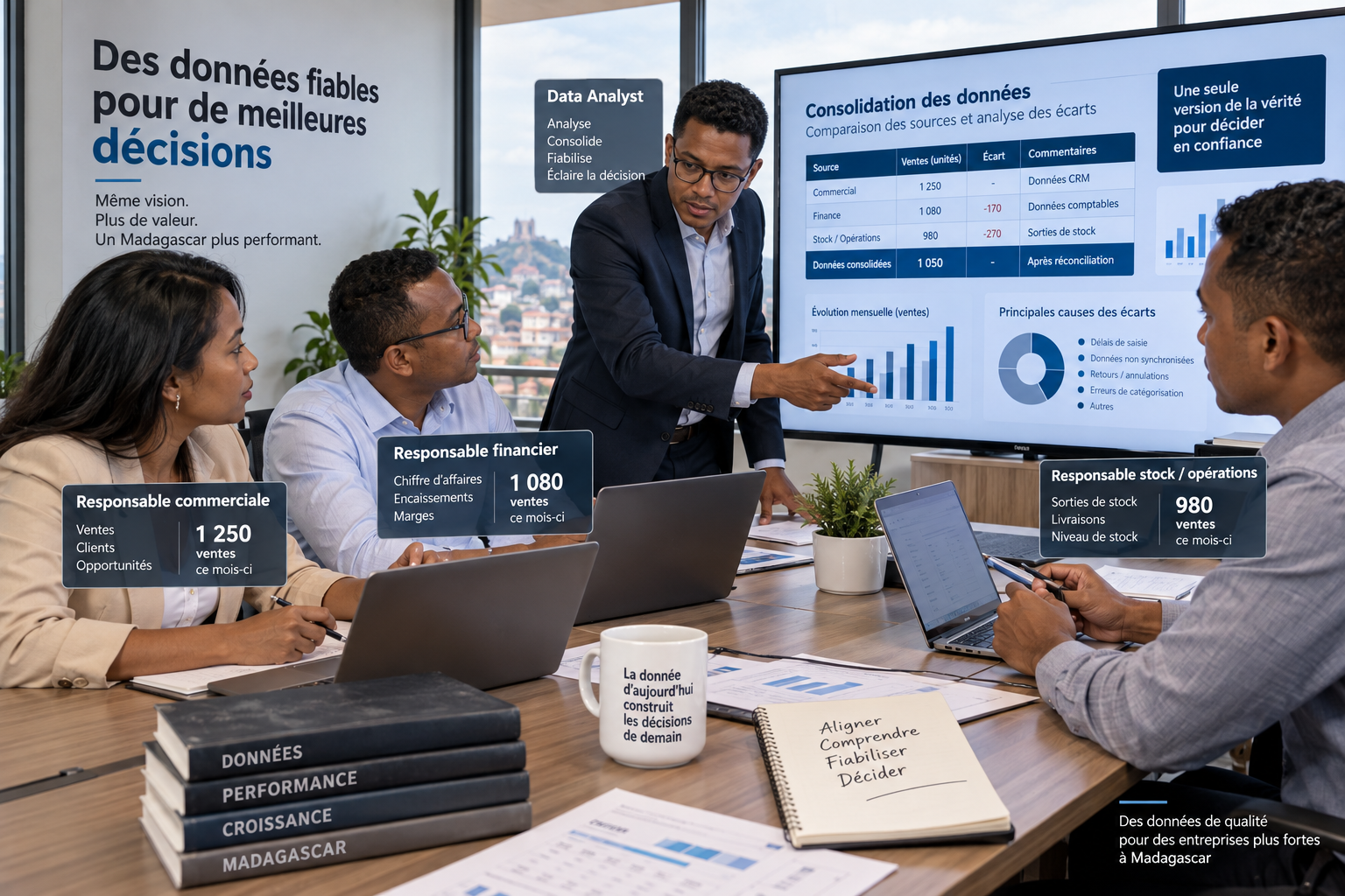Réunion d’équipe à Madagascar comparant des chiffres différents avec un data analyst pour améliorer la qualité et la fiabilité des données
