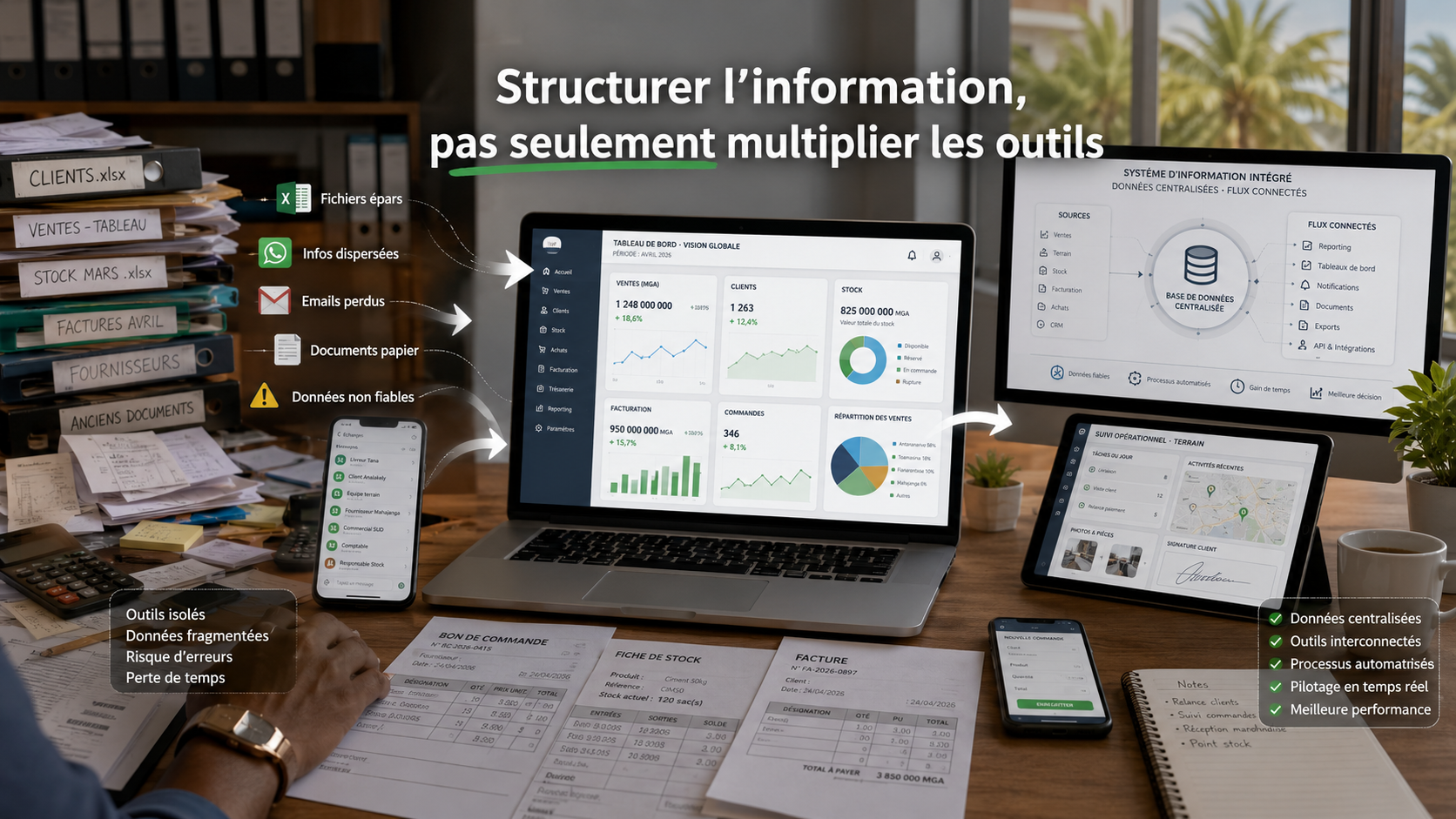 Système d’information structuré pour entreprise à Madagascar avec ERP, CRM, données centralisées et outils interconnectés